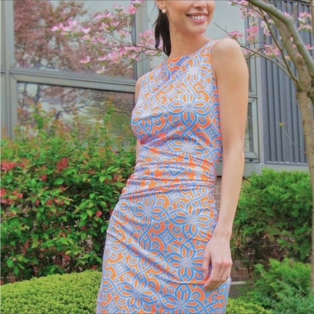 Gretchen Scott Corset Dress Mini Sleeveless Piazza Print Orange Blue XXS